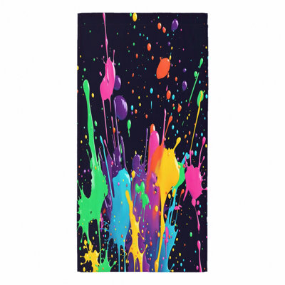 Serviette de plage 1Pcs Vibrant Paint Splatter, présentant une explosion abstraite de couleurs néon comme le rose vif, le bleu électrique, le vert lime et le jaune vif sur fond noir. Parfait pour les sorties, les piscines, les voyages et les aventures en plein air, ce