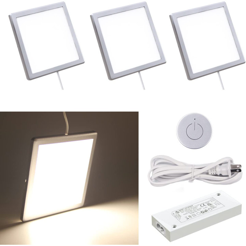 3PCS 4000K Under Cabinet Mini Puck Lights 12V Wireless Dimmer Square Silver (3.94inch 7.5W Total)