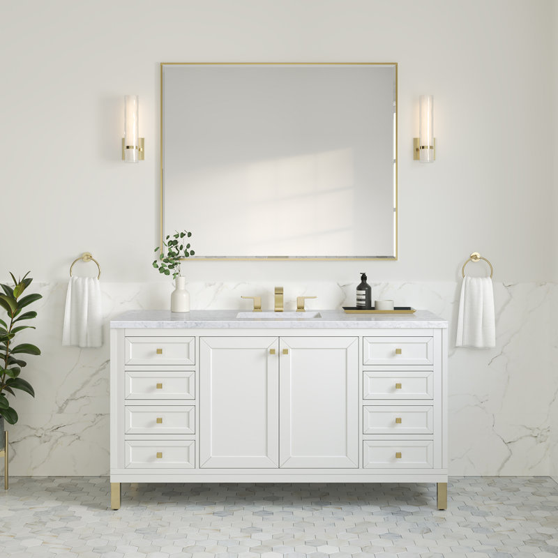 Chicago 60'' W Double Vanity, 8" Widespread, Glossy White, Carrara White