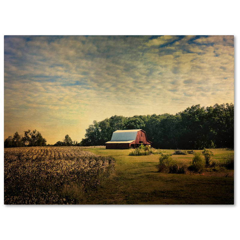 «Red Barn at the Cotton Field» de Vidur, reproduction de photo sur toile tendue, H 35 po x l 47 po
