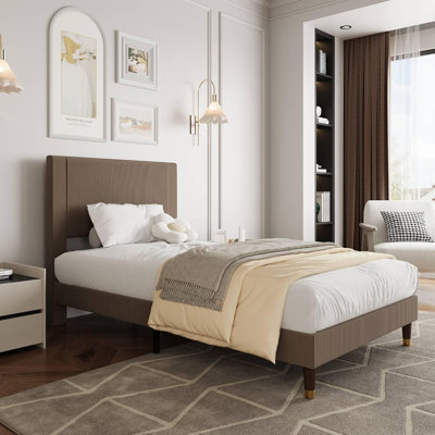 Twin Bed Frame – Corduroy Headboard, Wooden Slats, Brown, Compact for Apartments