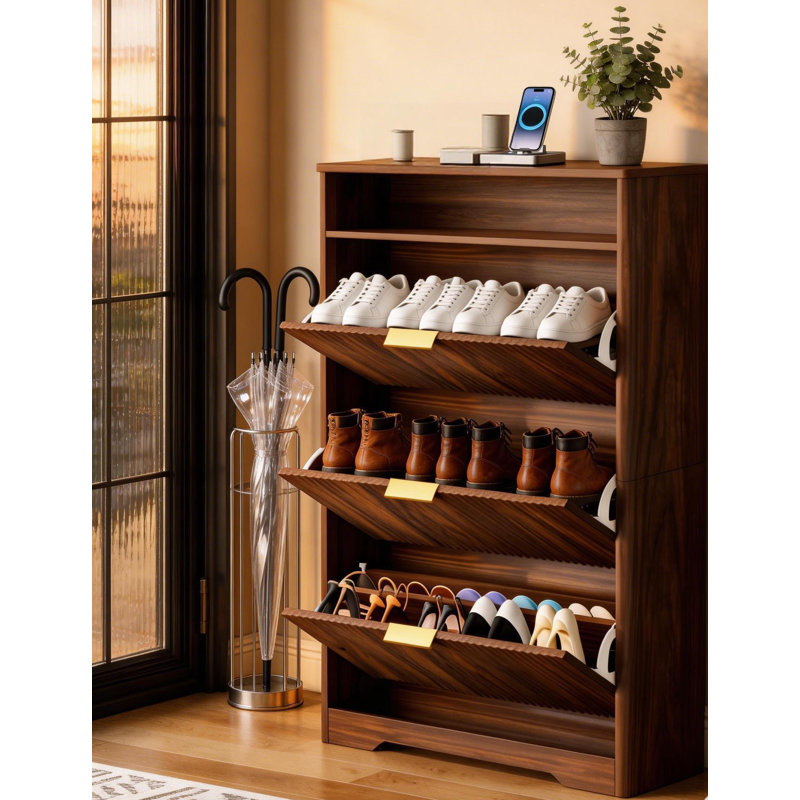 Luxury Walnut Shoe Storage Cabinet - 3 Tilt-Out Compartments & Open Display Shelf, Walnut Wood, 54.4" H x 31.6" W x 9.6" D 