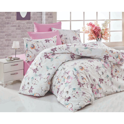 100% coton, ensemble de housse de courtepointe très grand Ranforce, 102,4 x 86,6 pouces | Comprend 2 taies d'oreiller (19,7 po x 31,5 po) | Lavable à la machine, 140 fils, fermeture à boutons | Design élégant blanc, rose, mauve, turquoise et orange