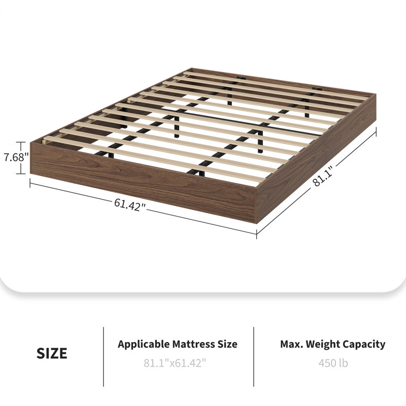 Queen Size 7.68" Low Profile Platform Bed Frame, Wooden Slat Support, No Box Spring Needed Modern Minimalist Headboard-Free Bed Base for Bedroom, Walnut