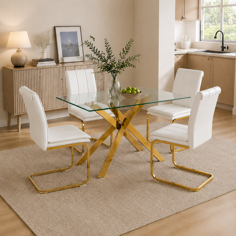 Ensemble de table de salle à manger 5 pièces en verre pour 4 personnes, ensemble de table et chaises de cuisine moderne en verre trempé, 4 chaises rembourrées, ensemble de salle à manger pour petit appartement peu encombrant