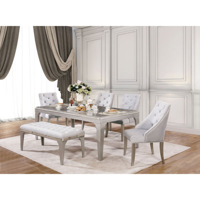 Transitionnel, banc de 1 pièce, coussin en flanelle, dossier de chaise à boutons, argent et gris, salle à manger, banc en bois massif