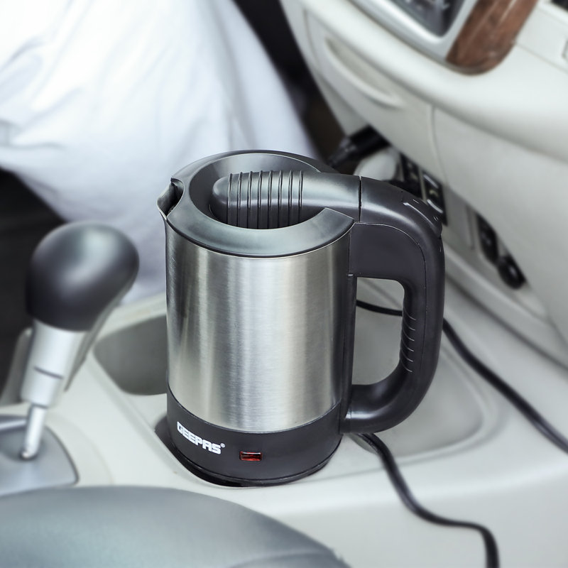 GEEPAS Travel Kettle | Stainless Steel Portable Auto Shut Off Concealed Boil-dry Protection | Electric Kettle for Camping Caravan Van Road Trips with Cigarette Lighter | 2 Year Warranty 500ml