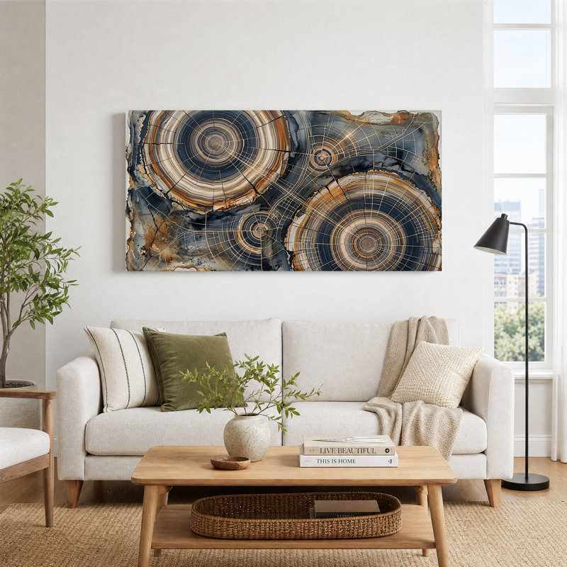 Tableau sur toile à motif géométrique d'anneaux d'arbre bleus et dorés, 58“W x 28”H