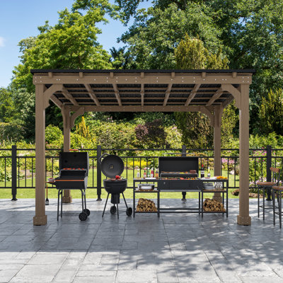 Solid Wood Grill Gazebo, Carport Gazebo with Hardtop Steel Roof 12x10Ft