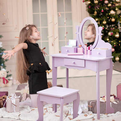 Kids Vanity Set with Mirror & Stool, Wooden Princess Makeup Dressing Table with Drawers for Girls Ages 4-9, Pretend Play Beauty Set