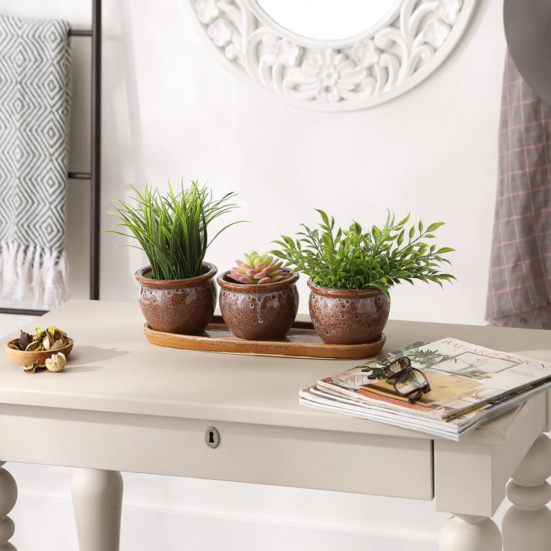 Ensemble de 3 pots à fleurs ronds en céramique brun | Plateau de fenêtre