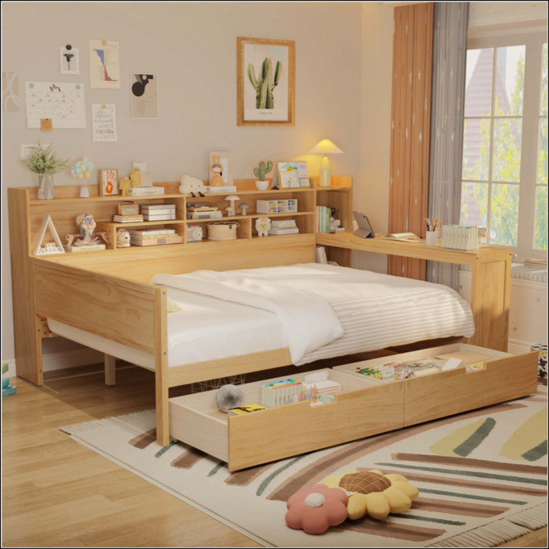 Lit de jour en bois avec tablettes de rangement, lit multifonctionnel avec deux tiroirs de rangement et bureau d'étude