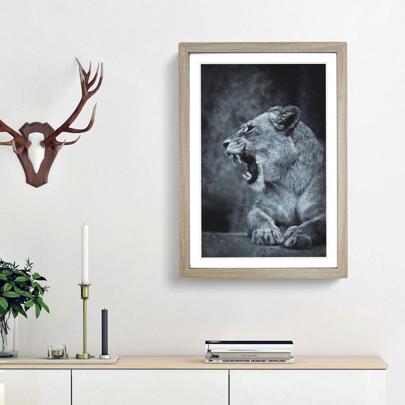 Fierce Lioness - Picture Frame Painting Print, 45cm H x 33cm W x 2cm D, Oak Framed