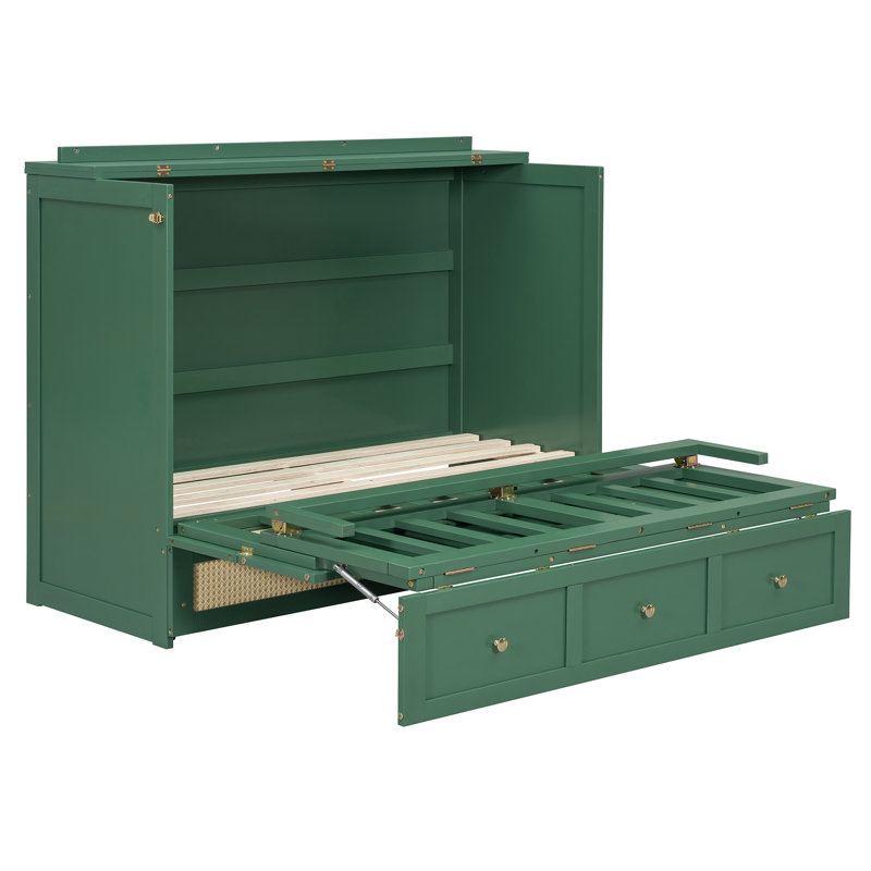 Murphy Bed With Large Drawers, Queen, Green