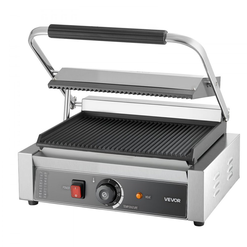 Commercial Panini Grill, 1800W Electric Sandwich Panini Maker, Stainless Steel Sandwichs Press with Handle and Temp Control, 13.5x9.3 in Full Grooved Enamel Plate, for Hamburger Steak Bacon