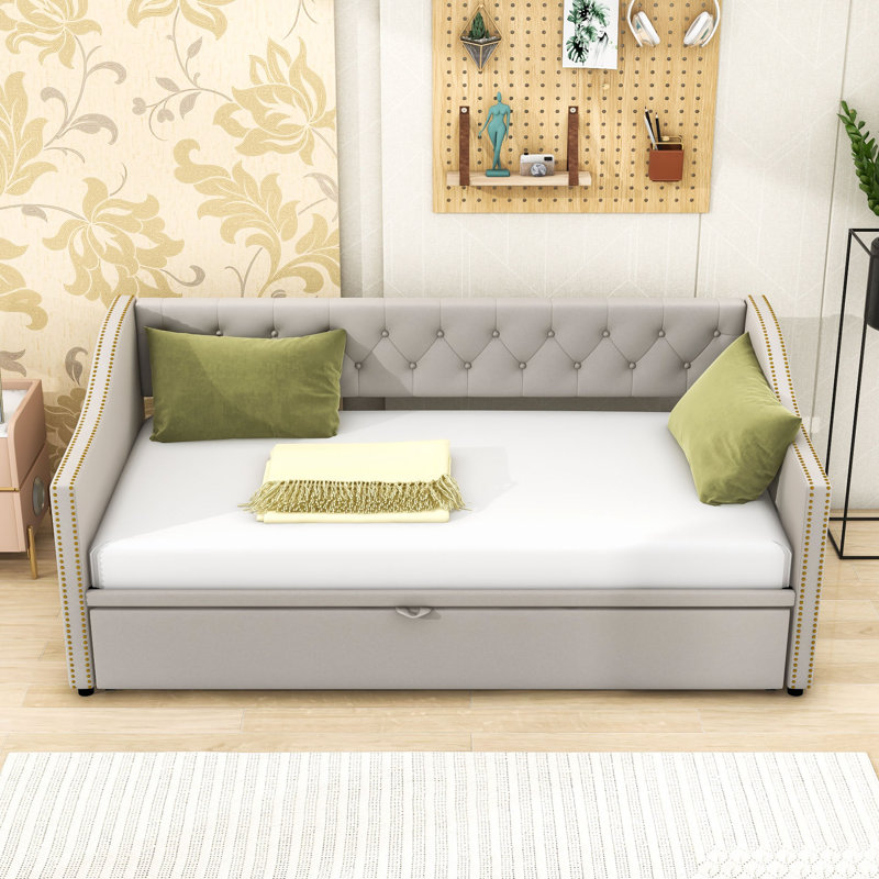 Versatile Twin Velvet Daybed with Twin Trundle, Gray