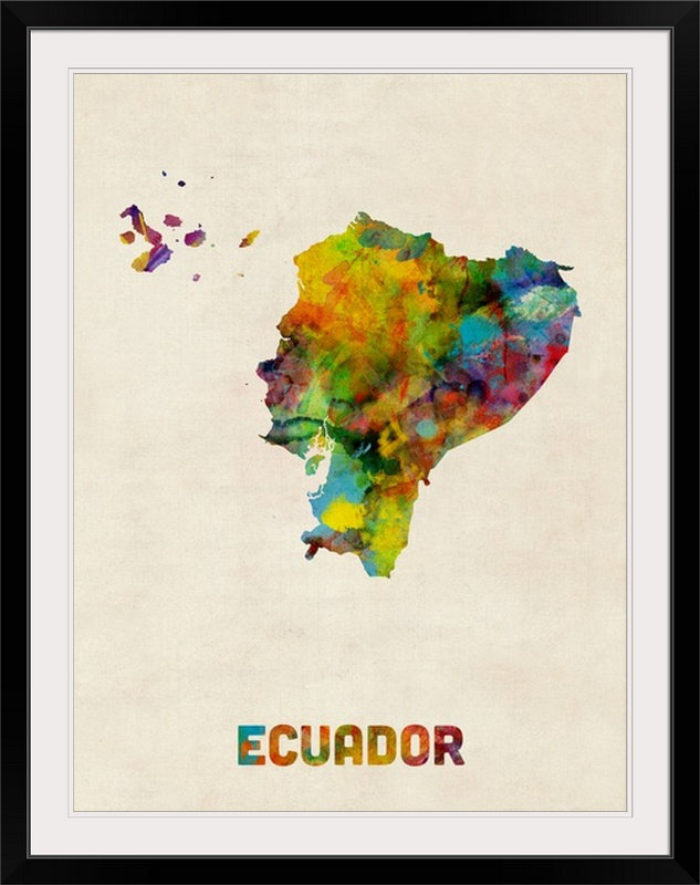 «Ecuador Watercolor Map» par Abarca, impression, Cadre noir, H 32 po x l 26 po x P 1 po
