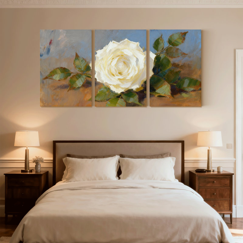 Ensemble de 3 reproductions d'art sur toile, "Rose blanche" avec feuilles vertes et ciel bleu, H 24 po x l 48 po