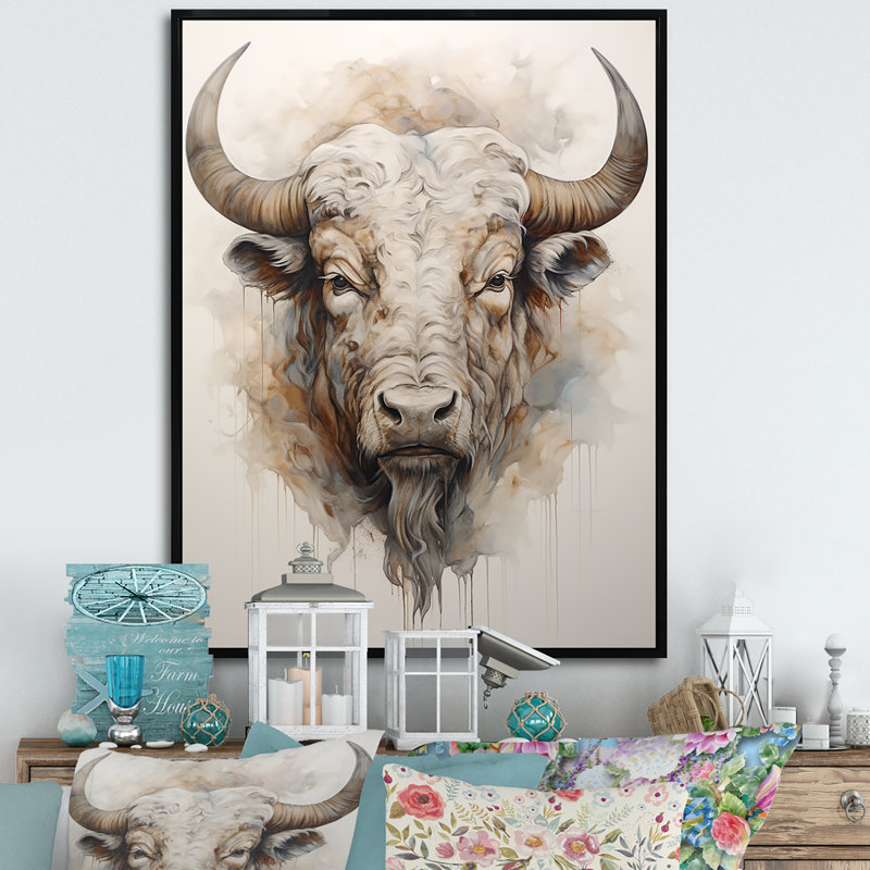 Tête de bison Buffalo III sur toile, H 32 po x l 16 po x P 1 po, Cadre flottant noir