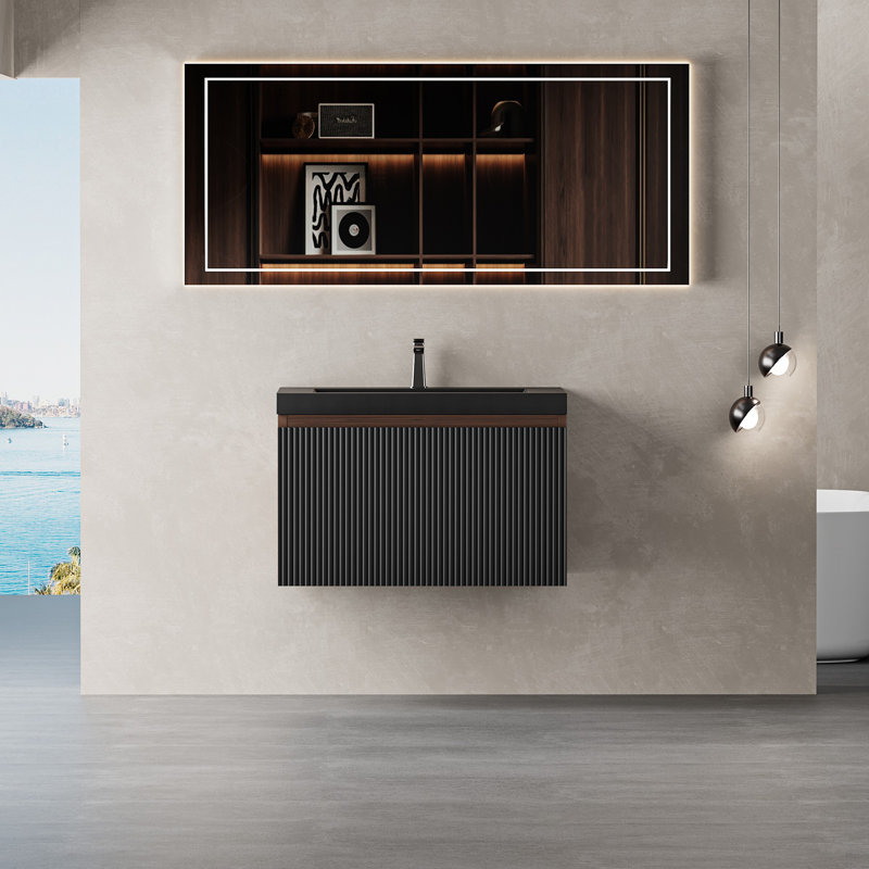Meuble-lavabo flottant avec lavabo, Noyer, Noir, 24"