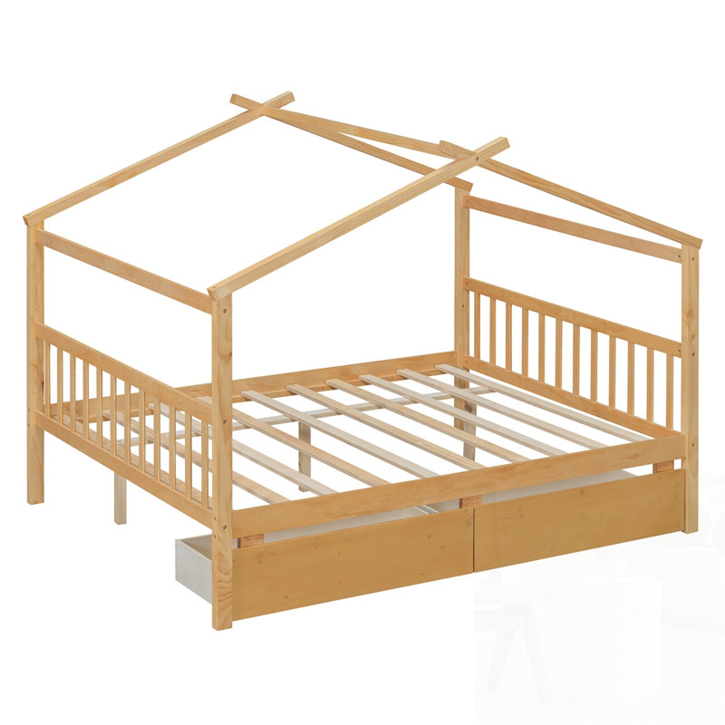 Lit en bois avec tiroirs, Double, Naturel