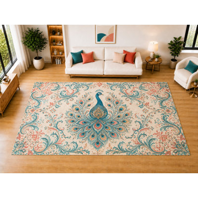 Tapis ultra-léger de 200 x 300 cm à motif floral paon, idéal pour le salon, la chambre ou la salle à manger. Doux et à poils courts, envers antidérapant, couleur turquoise et corail.