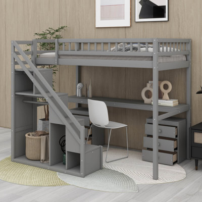 Structure de lit mezzanine avec escalier de rangement avec main courante, commode avec tiroir, DEL, garde-robe ouverte