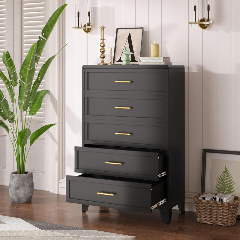Commode haute 5 tiroirs en métal pour bureau à domicile, Noir