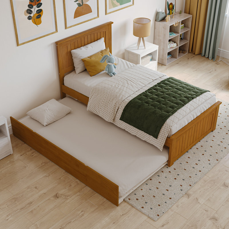  Nantucket Solid Wood Platform Bed with Matching Footboard & Trundle, Twin, Light Toffee