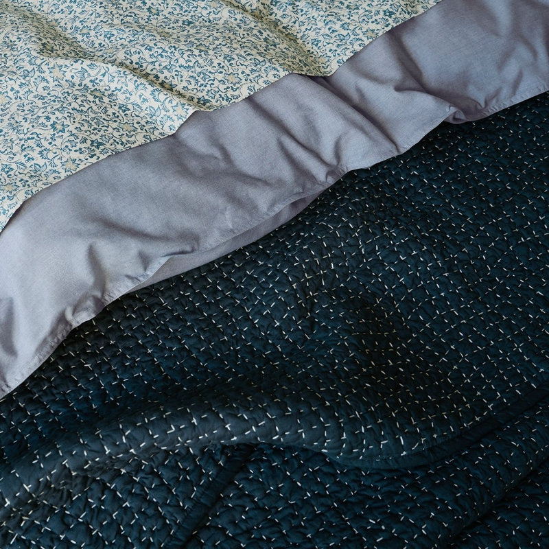 Pebbled Handstitched Organic Quilt, King Quilt, Midnight Indigo