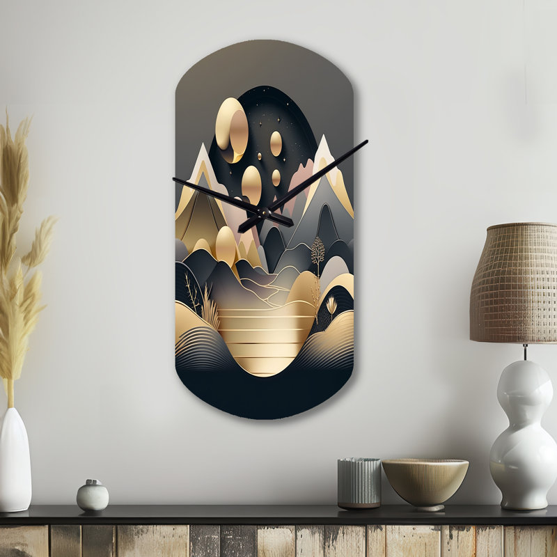 Horloge murale asymétrique en métal Dreamy Golden Mountain II - Marble, Petit