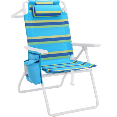 Height 17" Tall Beach Chair For Adults With 5-Position Lay Flat & Cooler Pouch, Folding Backpack Beach Chair With Headrest, Storage Bag, Towel Bar, Foot Mat, For Outdoor, Camping, 350Lbs(Blue And Yellow And Green Stripes)