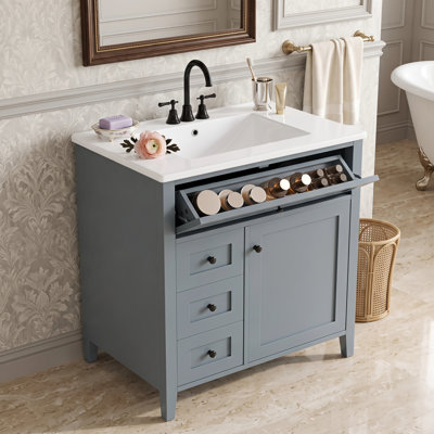 Ensemble meuble-lavabo de 76 cm (30 po), meuble moderne autoportant avec lavabo, construction en MDF et bois d'hévéa, 3 tiroirs et une étagère réglable pour le rangement de la salle de bain