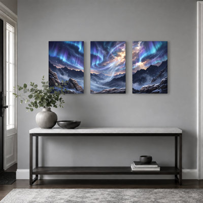 Aurore boréale sur les montagnes enneigées, ensemble de 3 toiles