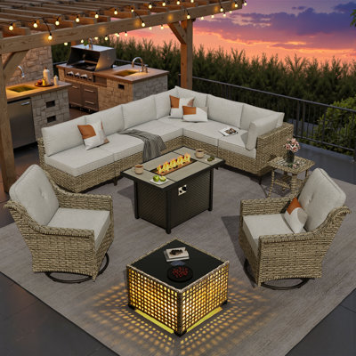 Sorella 11-Piece Modular Outdoor Rattan Seating Set With Cushions, Swivel & Rocking Chairs, Fire Pit Table & Lighted Coffee Table For Patio Or Backyard Gatherings