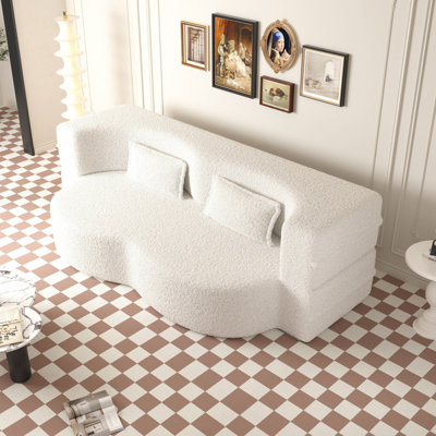 Convertible Full Size Sleeper Sofa Bed with 2 Pillows 15" Foam Mattress Teddy Fabric No Assembly Needed for Living Room Guest Room Playroom