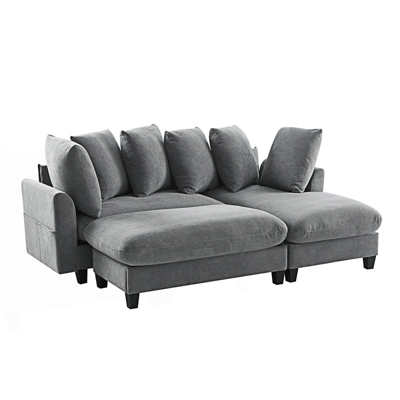 Sectional Sofa, L-Shaped Sofa, Upholstered Sectional Sofa With Movable Ottoman And Six Throw Pillows, Grey