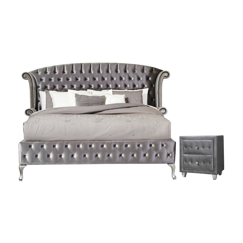 Ensemble de chambre à coucher 2 pièces avec table de chevet Mikrut, Gris, Grand