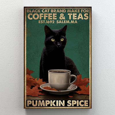 «Black Cat Coffee and Teas» Salem citrouille épice sur toile tendue - décoration de salon, de chambre à coucher ou de bureau