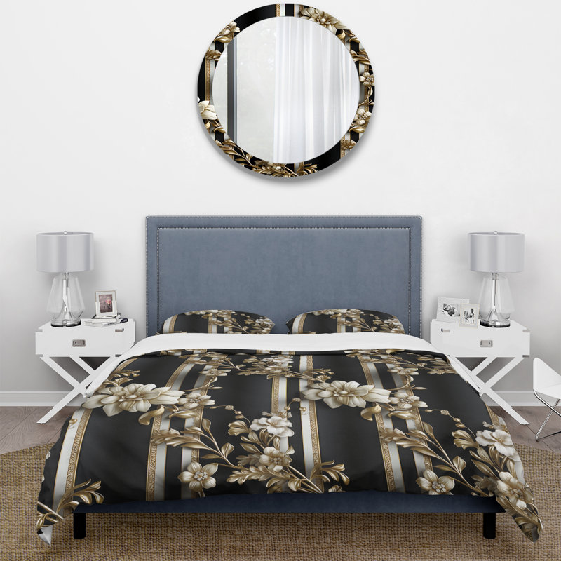Gold Regal Floral Elegant Striped Harmony - Ensemble de housse de couette rayé