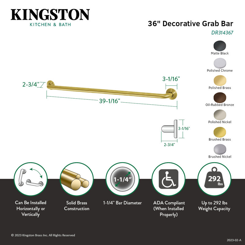 Kingston Brass Restoration 1-1/4 Inch O.D Grab Bar, 3.06" H x 39.06" W x 2.75" D, Satin Brass