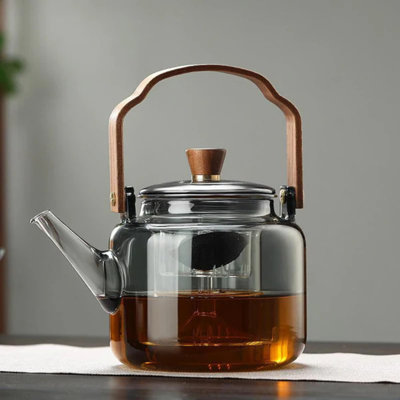 Théière en verre de 1200 ml de couleur grise avec poignée en bois Cuisiland Filtres en verre borosilicaté amovibles avec fonctionnalité de brassage double