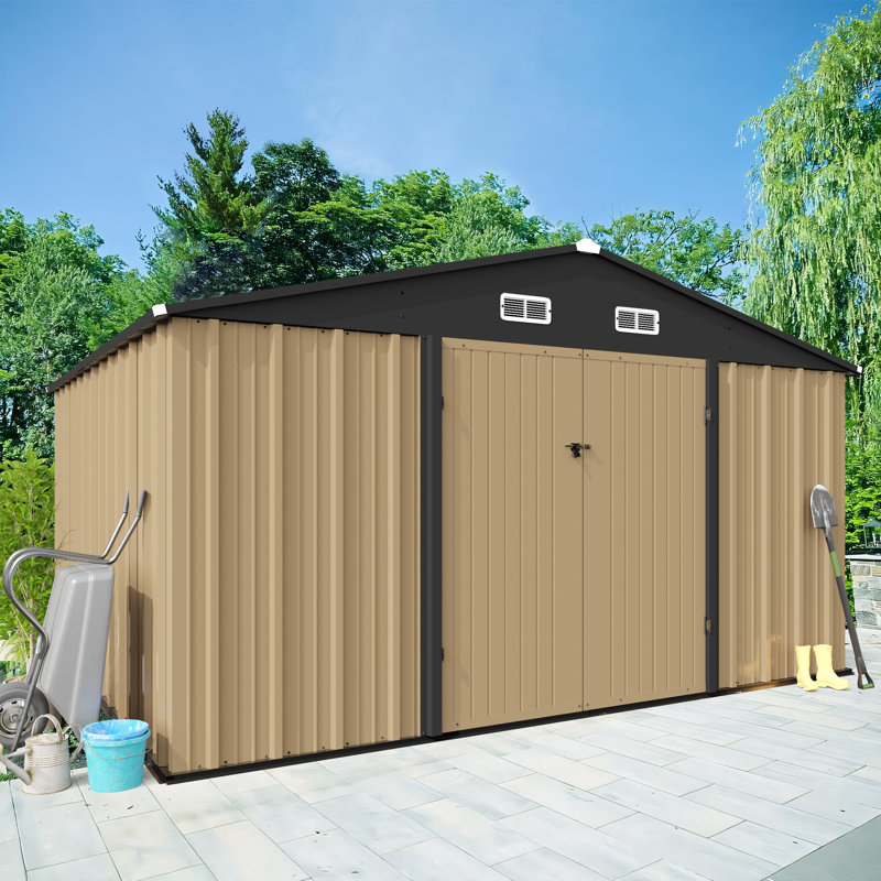10x10 Ft Outdoor Steel Storage Shed, Large Metal Tool Sheds With Lockable Doors & Air Vent, Brown