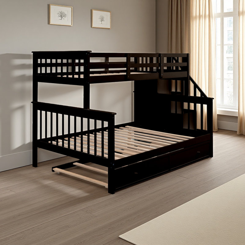 Lit superposé simple au-dessus d'un lit double avec lit gigogne simple, rangement et barrière de sécurité pour chambre à coucher, dortoir, pour adultes