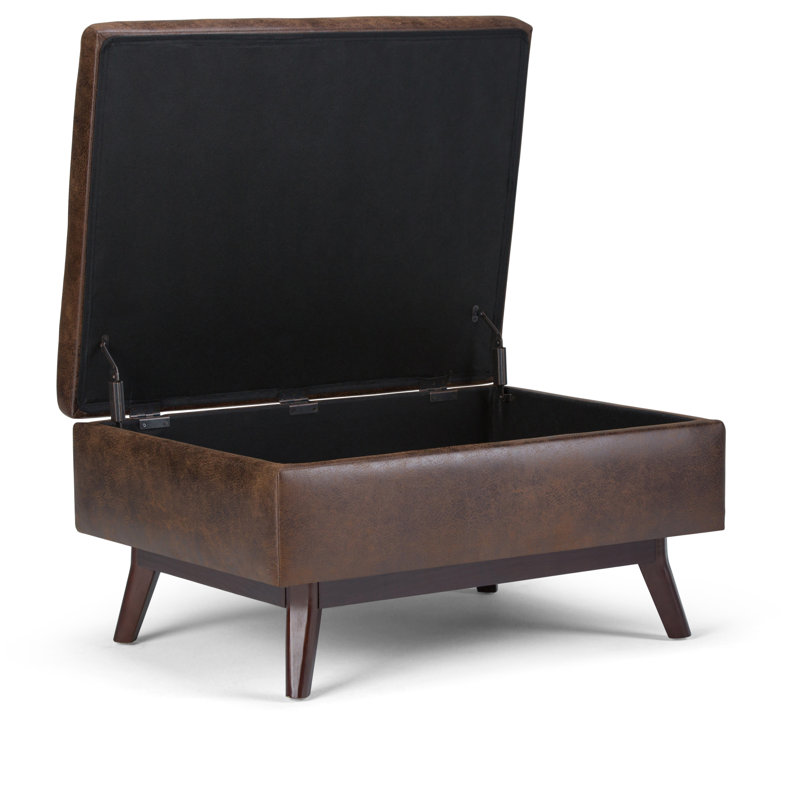 Owen 34"W Upholstered Vegan Leather Mid-Century Modern Rectangular Lift-Top Ottoman with Tapered Legs