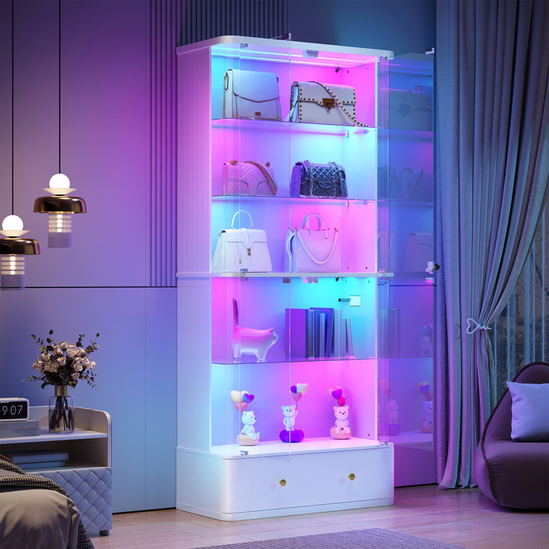 Vitrine à porte en verre 70,9 ", armoire de rangement à plusieurs niveaux avec éclairage RVB et capteurs de corps humain