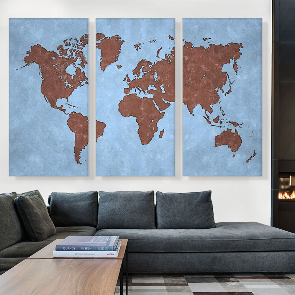 ARTCANVAS Baby Blue Brown World Map Globe Framed On Canvas 3 Pieces ...