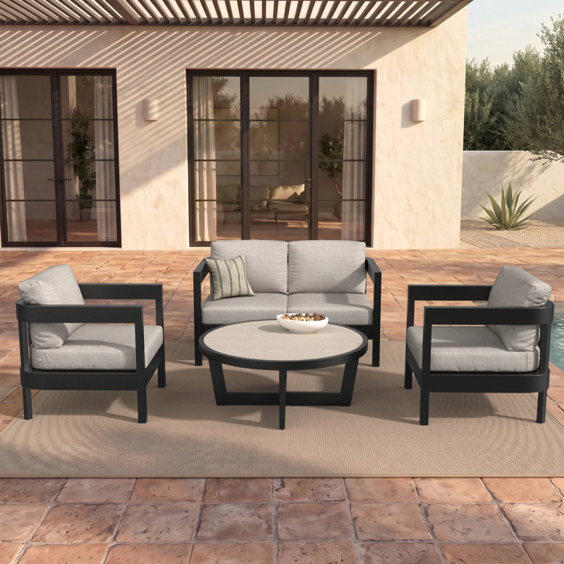 Ensemble de conversation 4 pièces avec coussins Sunbrella, 4 pièces: table, 2 chaises, causeuse, Sunbrella® toile naturelle