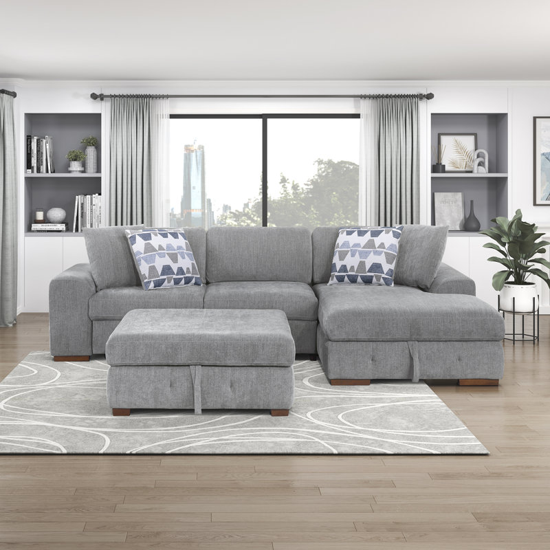 Canapé-lit modulaire en chenille 3 pièces l 115 po Odesser, Gris chenille, Orienté à droite
