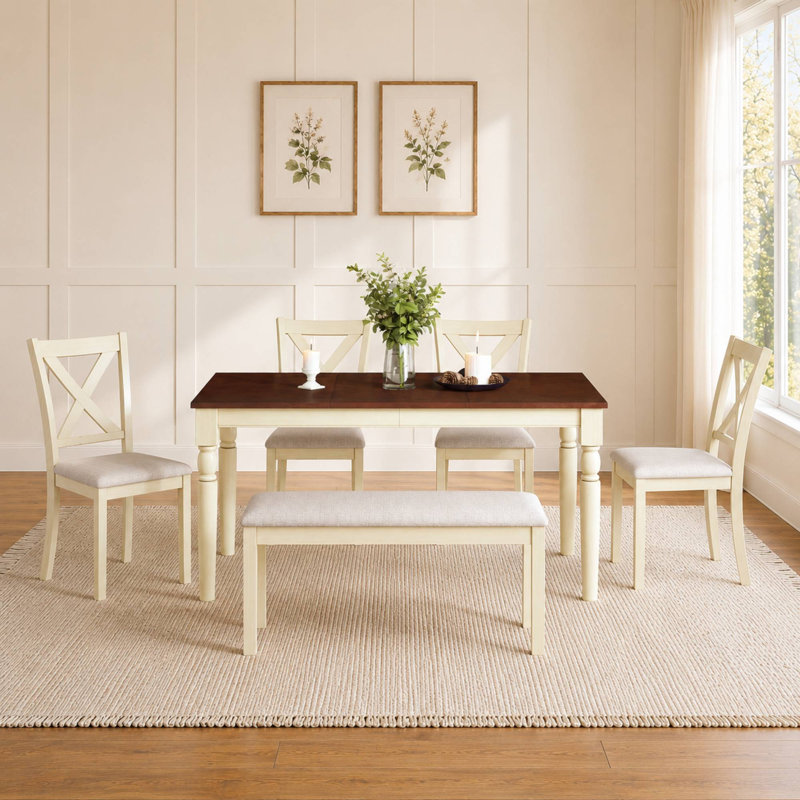 Ensemble de table de salle à manger 6 pièces en bois massif avec banc Farmhouse, Beige/Cream, Cream